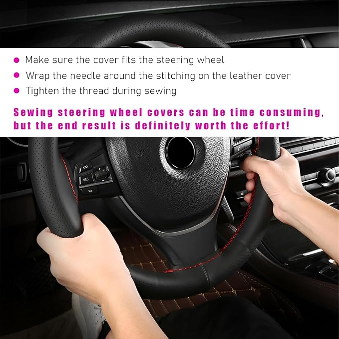 Ziciner Genuine Leather Steering Wheel Cover, Stitch on Wrap, Breathable Anti-Slip Car Steering Wheel Protector for Max Diameter 15 Inch, DIY Sewing with Needles Thread (Brown, Glossy)
