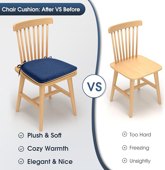 TushGuard Chair Cushions, 4 Pack Memory Foam Chair Pads, Thin Seat Cushion, Kitchen Chair Cushions Set of 4, Anti-Slip Backing & Fixed Straps, 1.4 in Thick, Navy Blue
