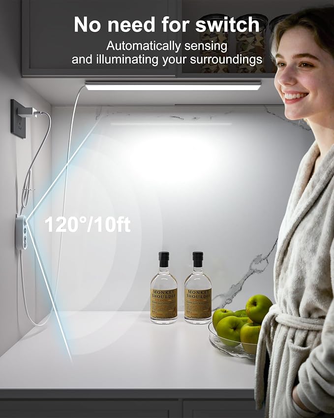 ASOKO 16" Motion Sensor Dimmable Led Under Cabinet Light Cool White | ASOKO 16 Inch Plug in LED Counter Light Bars, 6000K Cool White for Kitchen, Closet, Wardrobe, Shelf & Desk