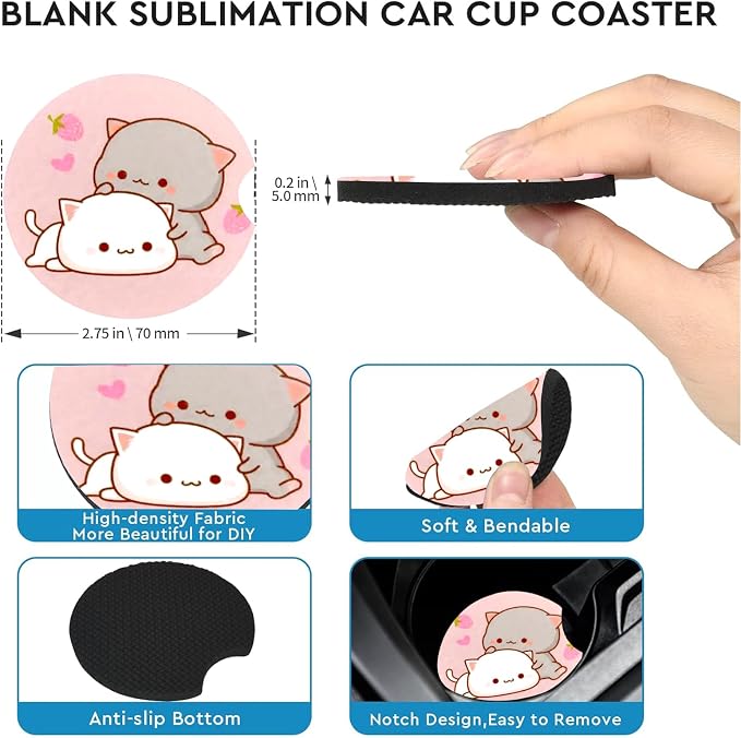 2 Pack Two Cat Car Cup Holder Coasters Universal Neoprene Coasters | 2.75" Universal Size Anti Slip Rubber Mat, Auto Cup Holder Accessories for SUV Truck, Gifts for Cat Lovers Women,Men,Mom