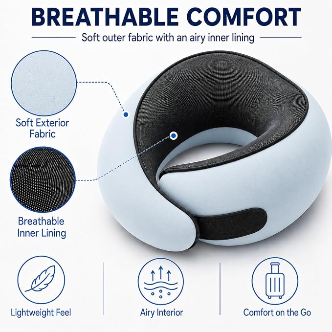 Travel Neck Pillow for Airplanes, Pure Memory Foam Neck Pillow with Washable Cover and Storage Bag, Ergonomic 360° Support for Sleeping, Car, Office, Home, Black
