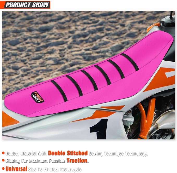 Motorcycle Universal Seat Cover Non-Slip Rubber Striped Gripper Soft Sewing for CRF WR WRF RMZ YZF SXF EXC EXC XC SX CR KLX Dirt Pit Bike Motocross Off Road (Pink)