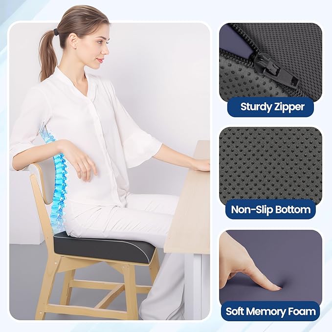 SweetSlubr Seat Cushion for Tailbone Pain Relief, Office Chair Cushion, Memory Foam Large Chair Pad with Non-Slip Cover for Soft Support at Office Chair, Car Seat, Airplane Grey/Large