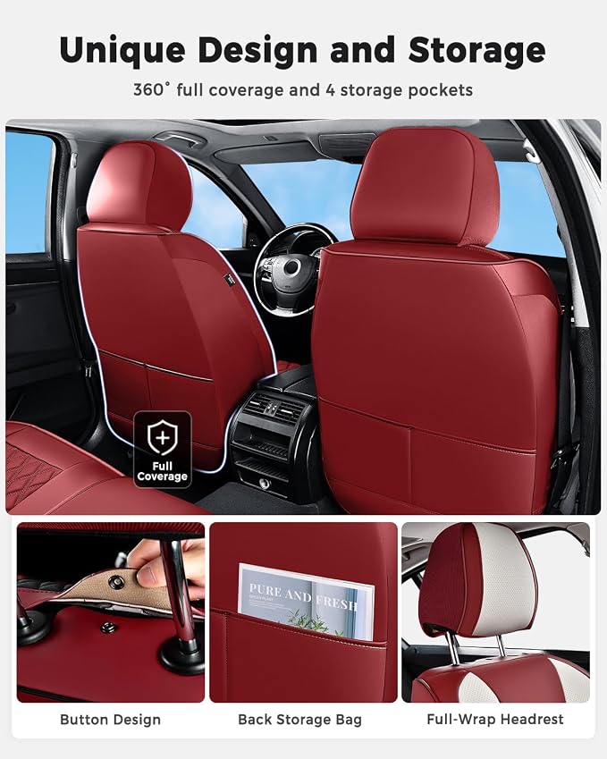 Huidasource Universal Car Seat Covers, Luxury Waterproof Faux Leather, Airbag Safe, Simple Installation, Stain Resistant, Ideal for Families and Pet Owners, Red & White