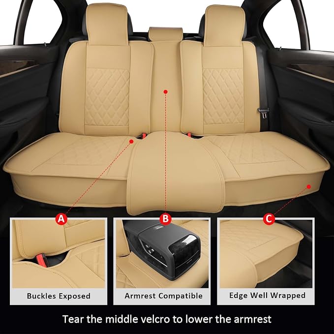 MIROZO Seat Covers Full Set, Leather Car Seat Cover Breathable Seat Protector Waterproof Automotive Seat Covers Non Slip Front & Rear Seat Cushion Universal for Most Sedan Truck,SUV (Beige)