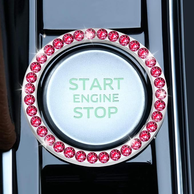 LivTee 2 PCS Crystal Rhinestone Car Engine Start Stop Decoration Ring, Bling Car Interior Accessories for Women, Push to Start Button Cover Sticker, Automotive Decals, Red