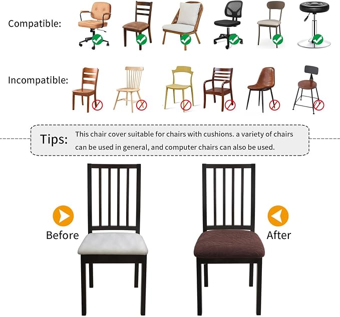 Fuloon Waterproof Chair Seat Covers 6 PCS, Stretch Cushion Covers Washable Dining Room Seat Slipcover Removable Kitchen Chair Protector (6, Coffee Red)