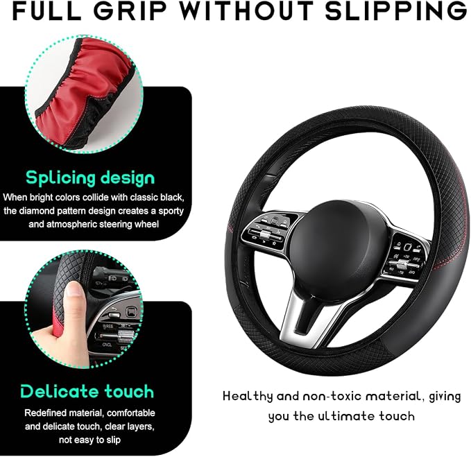 Car Steering Wheel Cover, 15 inch Carbon Fiber Microfiber Leather Elastic Steering Wheel Protector, Breathable Anti-Slip Comfortable Steering Wheel Covers for Most Cars (Black, AD)