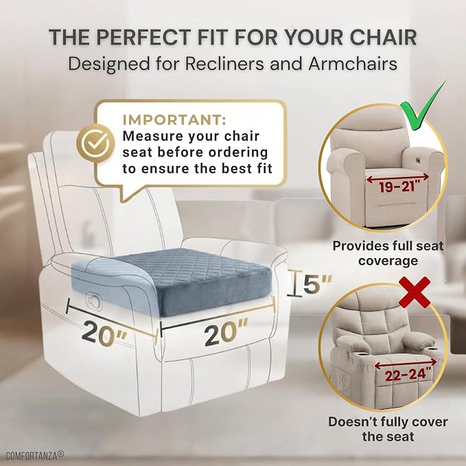 Soft 20x20x5 Memory Foam Recliner Chair Seat Cushion for Long Sitting - Armchair Pad with Washable Velvety Cover & Non-Slip Base for Seniors & Elderly - Gray