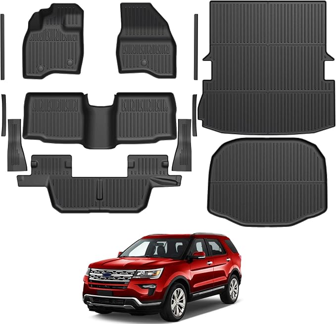 Floor Mats for Ford Explorer 2015-2019, All Weather Floor Mats Trunk Cargo Liner and Door Sill Guards Accessories, Full Coverage Set (Fit 7 Seats)