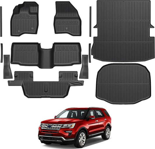 Floor Mats for Ford Explorer 2015-2019, All Weather Floor Mats Trunk Cargo Liner and Door Sill Guards Accessories, Full Coverage Set (Fit 7 Seats)