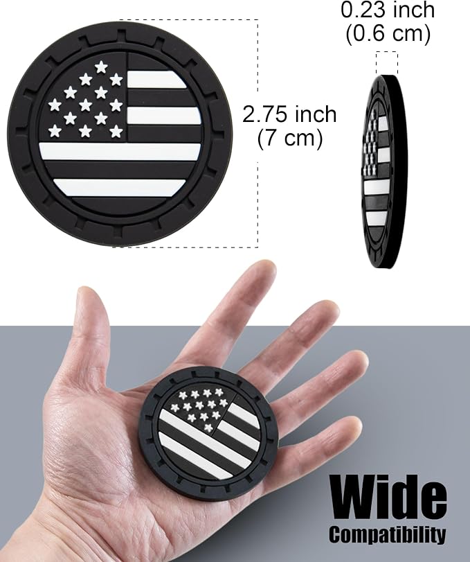 Car Cup Holder Coasters 4 Pack - American Flag 2.75 Inch Anti Slip Shockproof Drink Mat - Vehicle Interior Decor Accessories Black