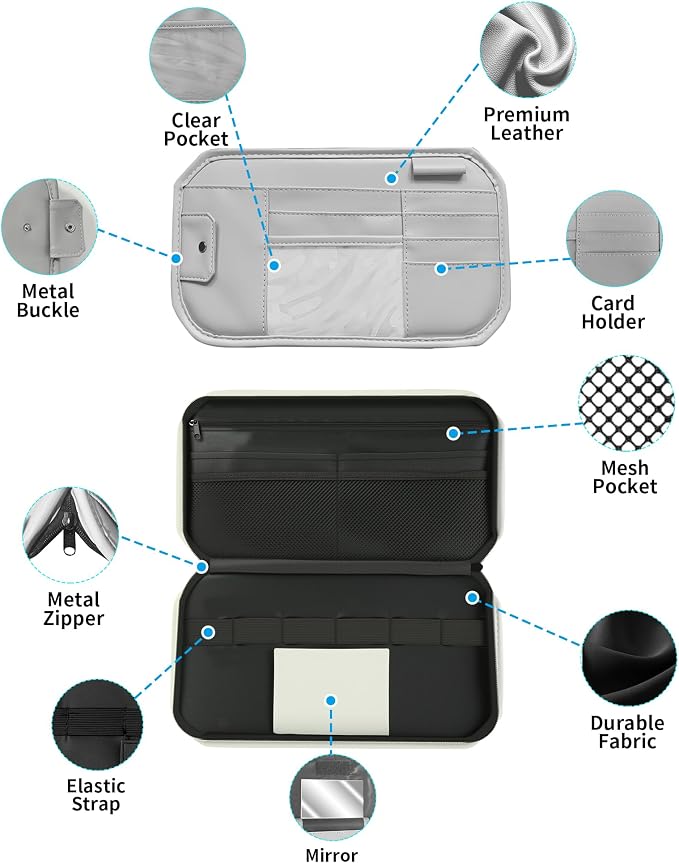 Car Sun Visor Organizer with Multi Pockets PU Leather Zipper Bag | Sunglass Holder with Elastic Straps and Glasses Clip Sunvisor Organizers Universal Fit for Trucks SUV Jeeps & Patrol Vehicles