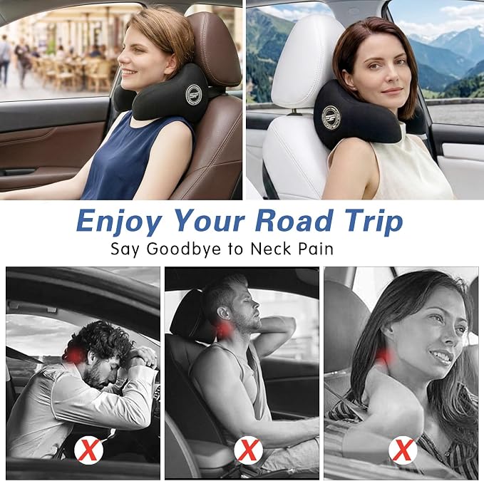 SPRFUFLY U-Shaped Car Headrest Pillow for Sleeping, 100% Memory Foam Car Pillow with Breathable Removable Cover, Ergonomic Design - Ideal Car Companion for Naps & Neck Pain Relief (Black, 1PC)