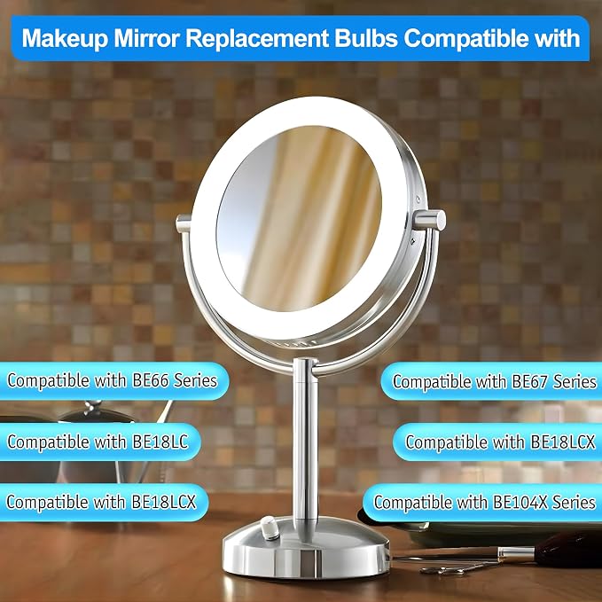 Glooglitter Makeup Mirror Replacement LED Bulbs, E12 Base Type T Bulb T20, 0.7W 120V Light Bulbs Compatible with BE66 /BE67 Series and BE18LC /BE18XN /BE18LCX /BE104X Series(2 Pack,Clear)