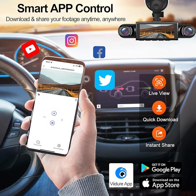 3 Channel Dash Cam Front Inside and Left Right, 1080P HD Dash Camera for Cars, 3.16 inches WiFi Car Camera,170°Wide Angle Vehicle Cam, Night Vision, Loop Recording, G-Sensor, 64GB Card