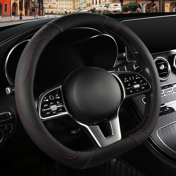 Black Microfiber Leather D Shaped Steering Wheel Cover | Breathable Anti Slip Grip Cool Sporty Look Glow for Women Men