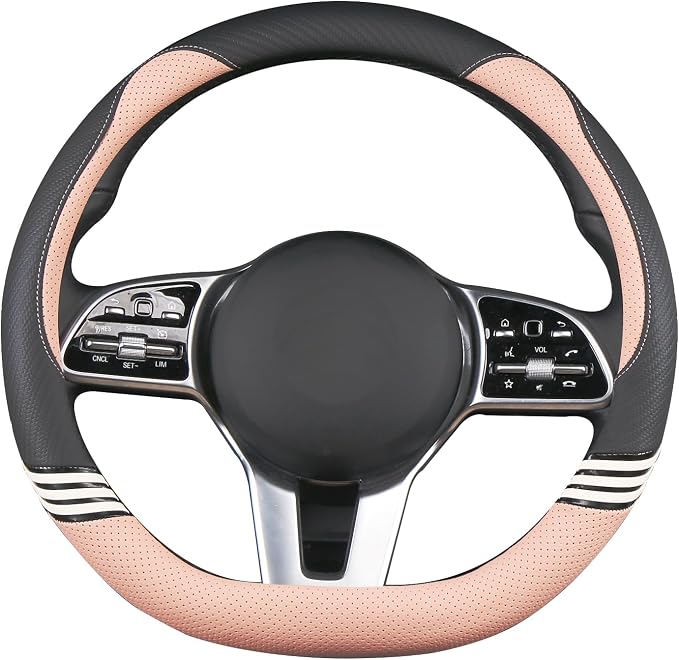 14 inch Cute Leather D Shape Steering Wheel Cover Black Pink | Breathable Faux Leather and Carbon Fiber Flat Bottom Car Accessories for Women Men Small 13.5 inch to 14 inch