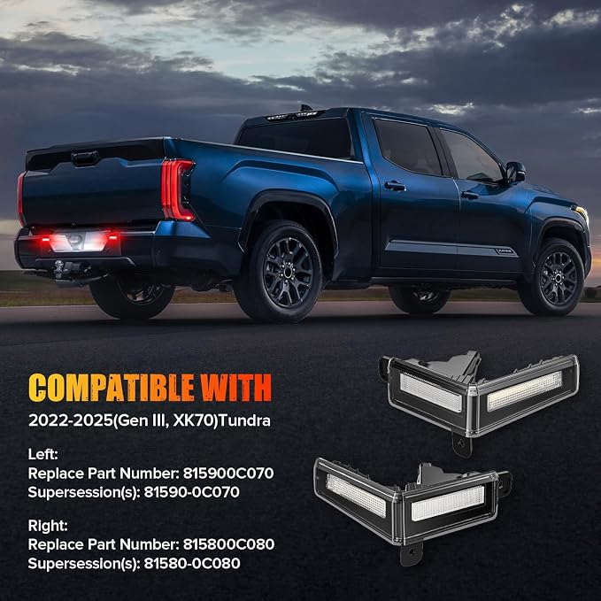 R&F Auto LED License Plate Lamps 3 in 1 tag lights for 2022-2026 T'oyota Tundra (Gen III, XK70), License Plate Lamp and Reverse/Back up/Running Lights' function included