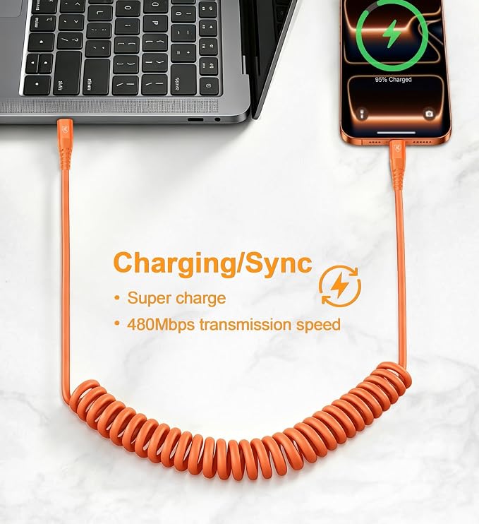 USB C to C Cable 6FT, 2Pack Coiled USB C Fast Charging Cable for CarPlay | iPhone USB-C Cable/Android Auto USB C Cord USB Type-C Cable for iPhone 17/16/15/Pro Max/Samsung Galaxy S26 and More-Orange