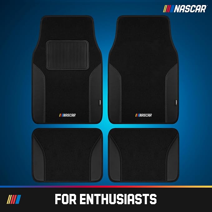 NASCAR Car Floor Mats, Carpet & Black Leather Design Car Mats, Universal-Fit All-Weather Car Floor Mats with Built-in Heel Pad & Anti-Slip Backing, Durable Odorless Automotive Interior Accessories