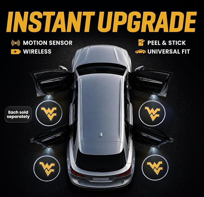 Sporticulture American Football West Virginia (WVU) Car Door Lights Logo Shadow Display - Officially Licensed NCAA Car Accessories - Show Your Team Pride - Battery Powered, Universal Fit