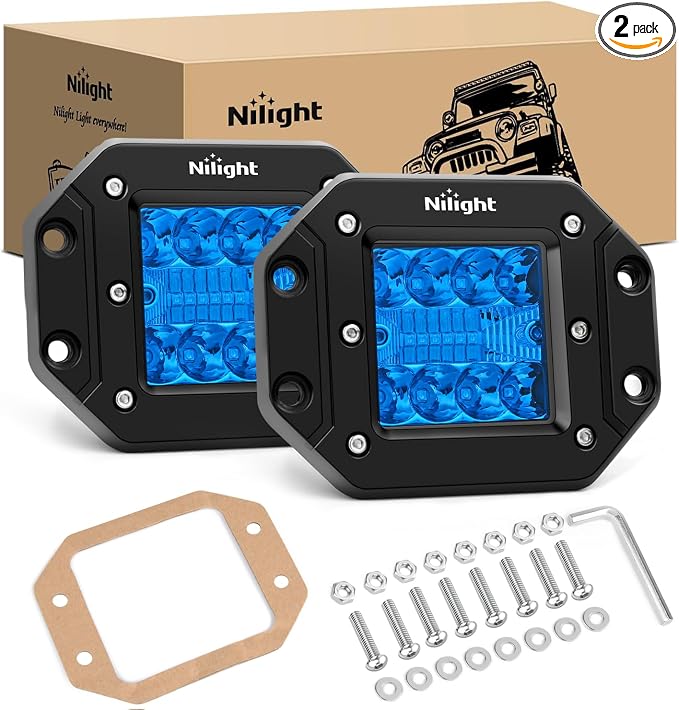 Nilight Flush Mount LED Light Pods 2 PCS 42 W Blue | Spot Flood Combo Beam, Bumper Driving Fog Fishing Hunting Emergency Safety Signal Lighting for UTV Pickup Van Boat Tractor