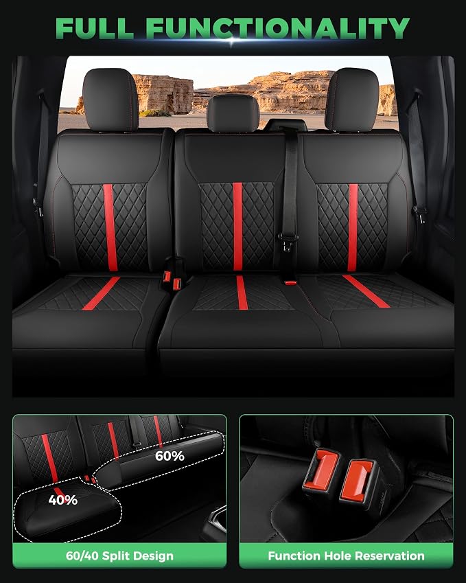 for Ford F150 Leather Seat Covers, SuperCrew XL XLT 2021-2026, F250 F350 F450 Super Duty Crew Cab 2023-2026, Custom Truck Seat Cover Full Set, Pickup Accessories, Black Red (Bucket Seat)