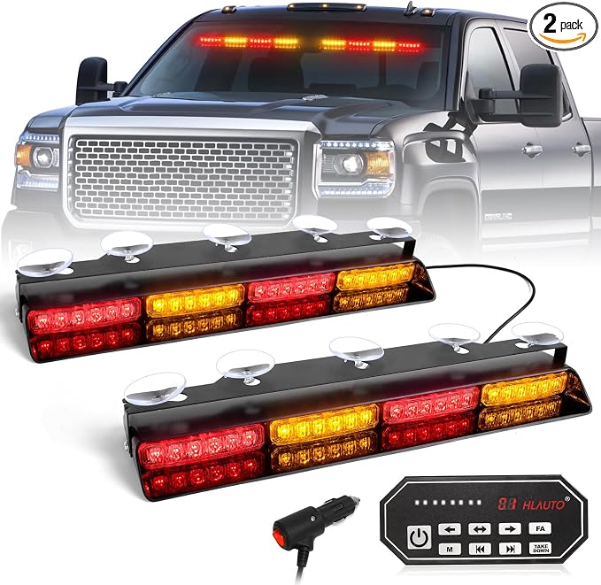 HLauto 604N Emergency Dash Strobe Lights: 2x16.8 inch Amber Red Security Light w/Take Down, 48 LED Safety Flashing Warning Hazard Interior Windshield Light Bar for Trucks Vehicles