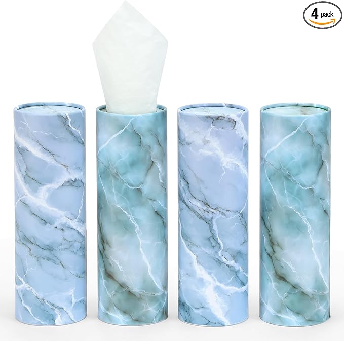 Car Tissue Holder (4 PK) - 50 3-Ply Tissues Cylinder, Fits Car Cup Holders, Portable Travel Tubes Box Container, Marble Design, Round Tissue Container for Car Accessories