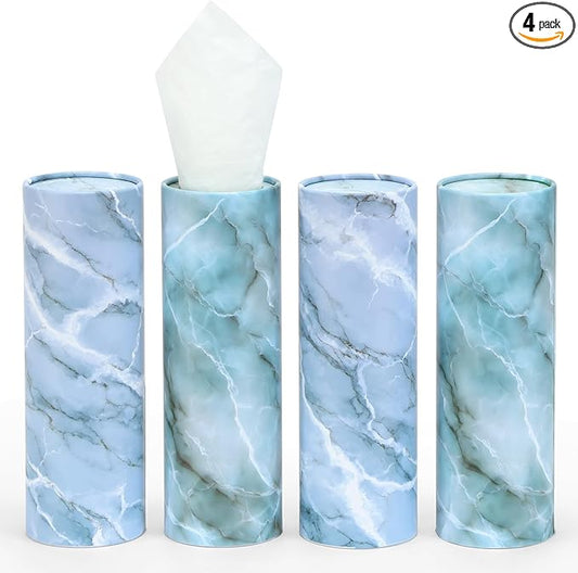 Car Tissue Holder (4 PK) - 50 3-Ply Tissues Cylinder, Fits Car Cup Holders, Portable Travel Tubes Box Container, Marble Design, Round Tissue Container for Car Accessories