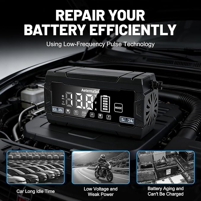 10A Smart Battery Charger 12V/24V, 10-Stage Car Battery Charger Automotive, Trickle Charger Maintainer with Pulse Repair for Truck, Motorcycle, Battery Desulfator with Temperature Compensation (Black)