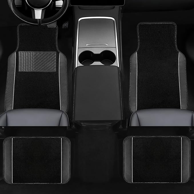NBTEPEM Microfiber Steering Wheel Cover and Waterproof Car Floor Mats, Universal Fit Most Truck, SUV, Cars, 14.5-15inch Sporty Steering Wheel Covers with Anti-Slip Lining (Black with Grey line)