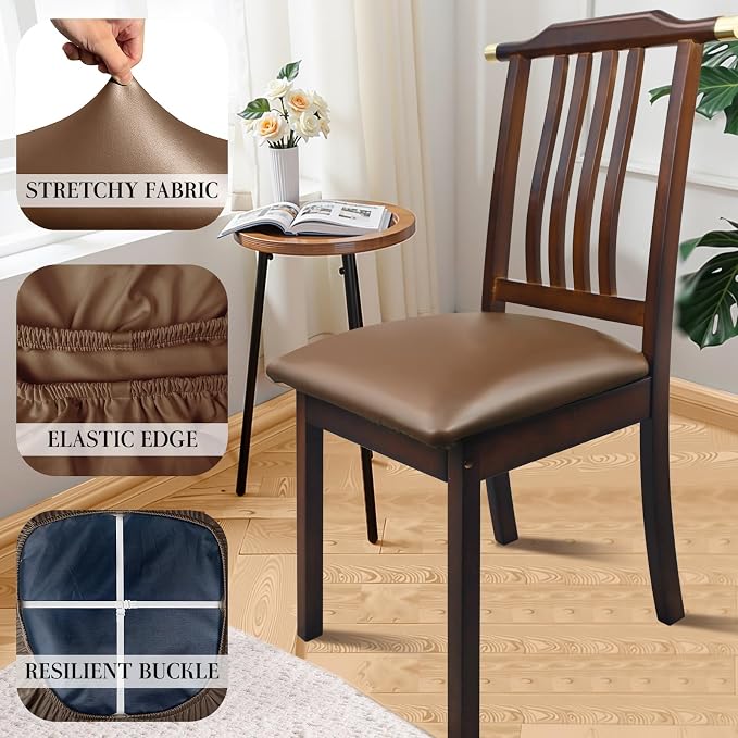 Pu Leather Dining Chair Seat Covers Set of 6, Waterproof Dining Seat Covers Stretch Chair Covers for Dining Chairs/Kitchen Room/Hotel, Odorless Seat Covers for Kitchen Chairs (Light Brown- 6 PCS)