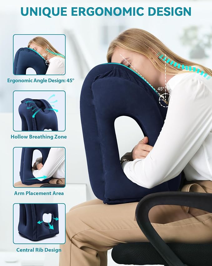 Inflatable Travel Pillow, Airplane Neck Pillow Comfortably Supports Head and Chin for Airplanes, Trains, Cars and Office Napping with 3D Eye Mask, Earplugs and Portable Drawstring Bag (Blue)
