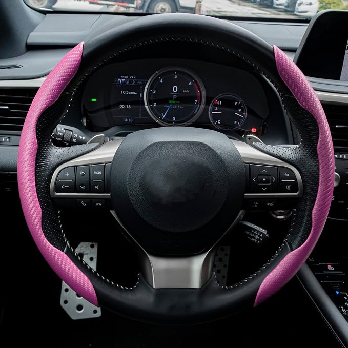 Amiss 2pcs Carbon Fiber Anti-Skid Steering Wheel Cover, Waterproof & Segmented Butterfly Design, Universal 99% Vehicle Wheel Cover Protector, Car Interior Accessories (Pink-2pcs)