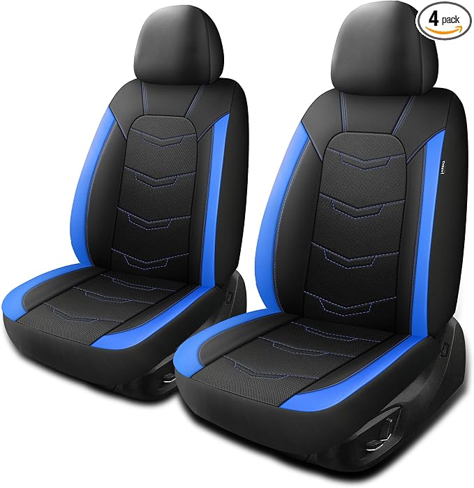 HChengkikz Front Car Seat Cover, Breathable and Sporty (Black + Blue) | Leather, Universal Fit for Most SUVs, Cars, Sedans, Trucks, Airbag Compatible, Easy to Install