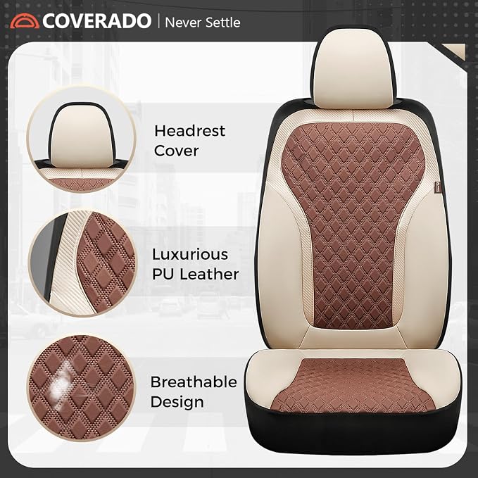 Coverado Front Seat Covers, Luxury Diamond Leather Car Seat Cover with Carbon Fiber Weave, Waterproof Car Seat Cover Driver Seat Cover Spill-Proof Design Universal Fit for Most Cars, Beige&Brown