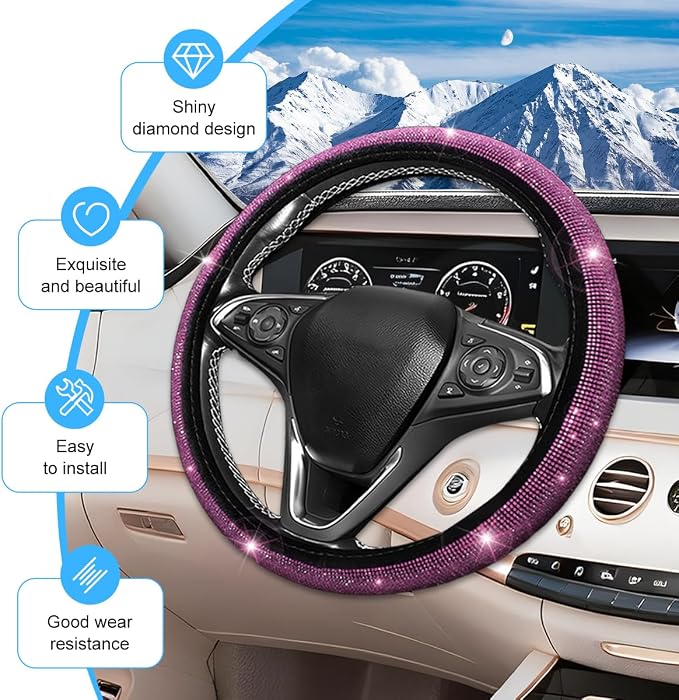 8PCS Bling Car Accessories Set, Sparkly Rhinestone Vehicle Steering Wheel Seat Belt Gear Shift Start Stop Button Cover, Diamond Auto Cup Holder Coaster Decoration, Universal Fit (Pink)