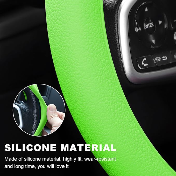 DXNQ Car Steering Wheel Cover, 13 to 14.17 inches Anti-Slip Silicone Steering Wheel Protector, Soft Flexible Shock-Absorbent Steering Wheel Protective Cover for Most Car Models (Green)