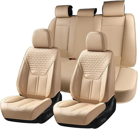 FLORICH Seat Covers, Car Seat Covers Full Set, Luxury Nappa Leather Seat Covers, Breathable and Waterproof Car Seat Protector 5 Seat, Automotive Seat Covers Universal Fit for Most Cars-Beige