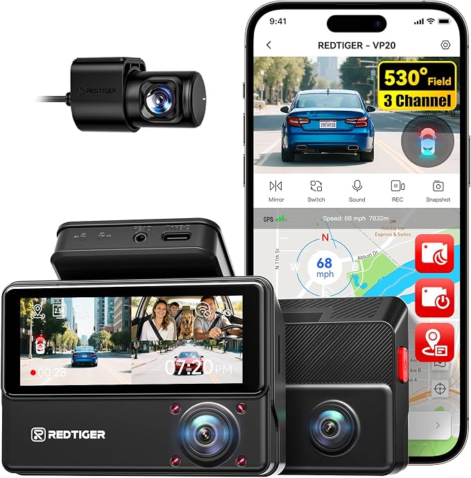 REDTIGER 530° Dash Cam 3 Channel, 2.5K+2.5K+1080P Triple Car Camera with IR Night Vision, Touch Screen, Dashcam for Front Inside Rear Included WiFi GPS, 24H Parking Mode(No Card Included)