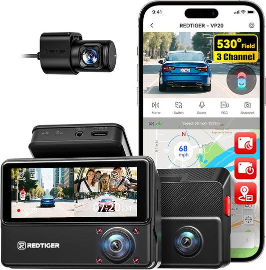 REDTIGER 530° Dash Cam 3 Channel, 2.5K+2.5K+1080P Triple Car Camera with IR Night Vision, Touch Screen, Dashcam for Front Inside Rear Included WiFi GPS, 24H Parking Mode(No Card Included)