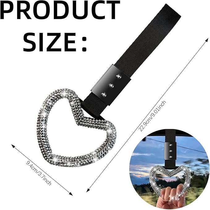 NBTEPEM Bling Heart Handle Ring Bling Car Accessories for Women Handle Strap Drift Charm Rear Bumper Warning Ring Tsurikawa Heart Decor for Car Interior Exterior Decoration (Silver, Heart Style)