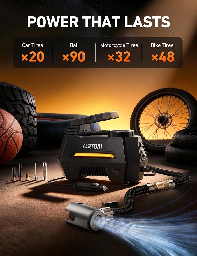 AstroAI AIRUN H Tire Inflator Portable Air Compressor,9.8Ft Cord-12VDC-Powered Auto Shut-Off,Fast Inflation Electric Air Pump for Car Tires-Car Accessories with Digital Pressure Gauge,LED Light,Yellow