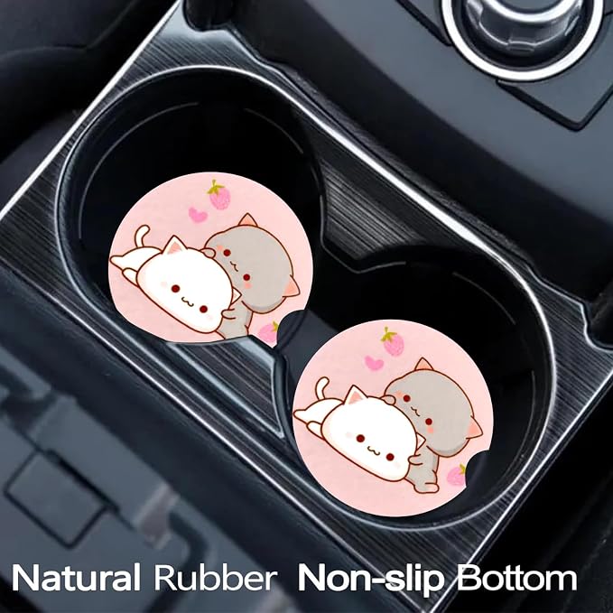2 Pack Two Cat Car Cup Holder Coasters Universal Neoprene Coasters | 2.75" Universal Size Anti Slip Rubber Mat, Auto Cup Holder Accessories for SUV Truck, Gifts for Cat Lovers Women,Men,Mom