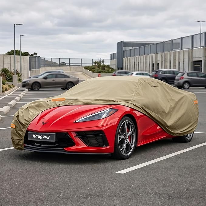 Kaugung Custom Fit Car Cover for Chevrolet Chevy Corvette C3 C4 C5 C6 C7 C8 (1968-2026), Heavy Duty All Weather Waterproof Outdoor Cover with Driver Door Zipper, Mirror Pockets & Air Vents