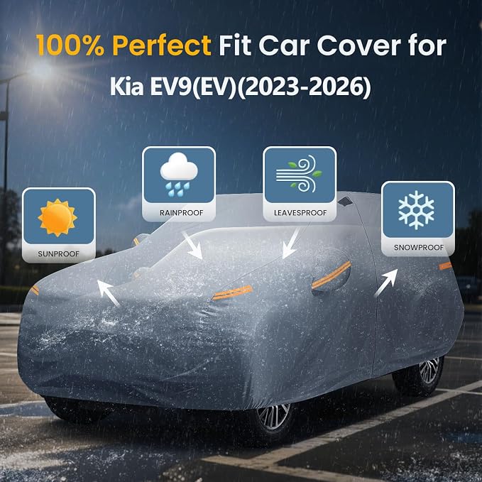Waterproof Kia EV9(EV)(2023-2026) Car Cover with Breathable Vents, [Upgrade] Premium Covers with Cotton Liner and Zipper Door,Sun Rain Snow Dust Uv Protection.(Gift with Towel Storage Bag)