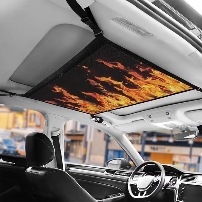 Dreaweet Orange Flame Car Ceiling Cargo Net,31" x 24" Large Capacity Car Storage Mesh Organizer,Double-Layer Interior Roof Cargo Net Universal Car Accessories for Travel Road Trips