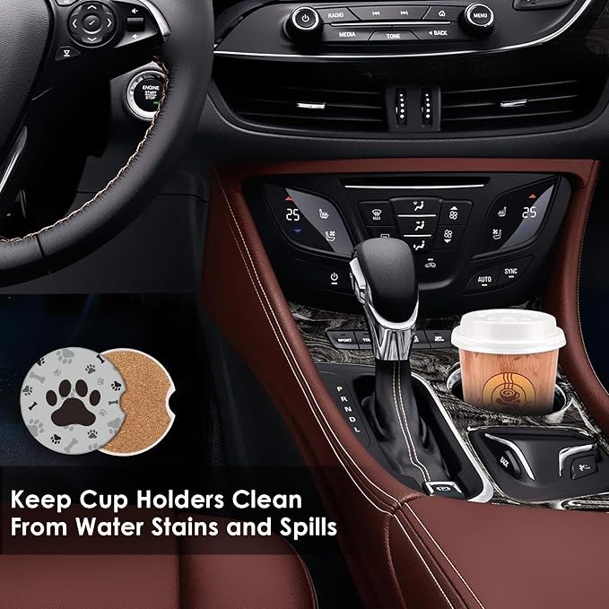 Britimes Absorbent Car Coasters 2 Pack for Cup Holders, 2.56" Ceramic Stone & Non-Scratch Cork Base Drink Coasters Dog Footprints